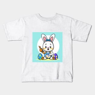 Easter Bunny Coloring Eggs, Easter Bunny Painting, Cute, Fun, in Blue Kids T-Shirt